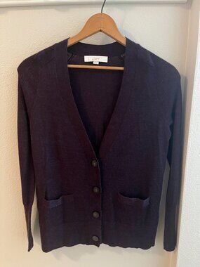 LOFT Wool-Blend V-Neck Button-Up Cardigan in Eggplant